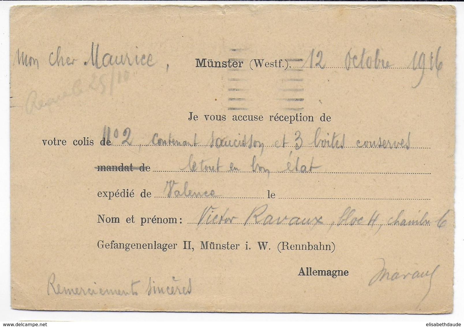 1916 - PRISONNIERS De GUERRE FRANCAIS En ALLEMAGNE - CP ACCUSE De RECEPTION De COLIS (SAUCISSONS ETC...) CAMP De MÜNSTER - WW I