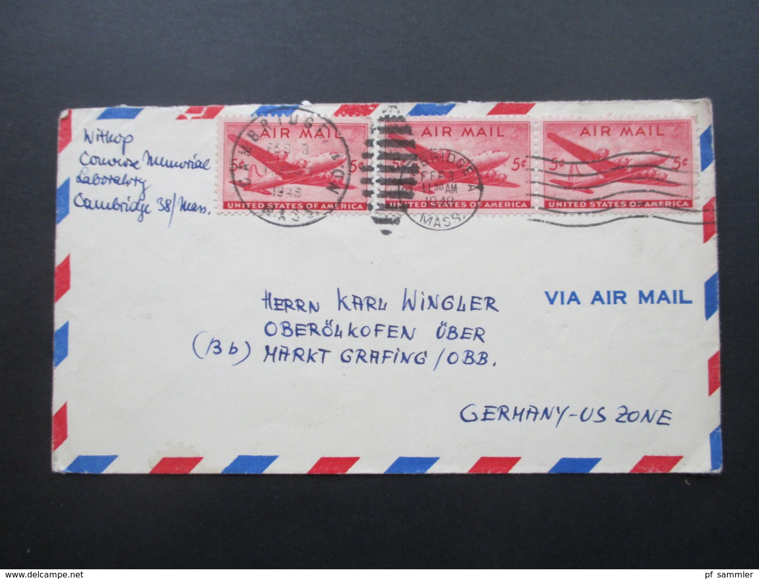 USA 1948 Flugpostmarke Nr. 549 MeF Mit Drei Marken!! Cambridge Mass - Germany US Zone Via Air Mail - Cartas & Documentos