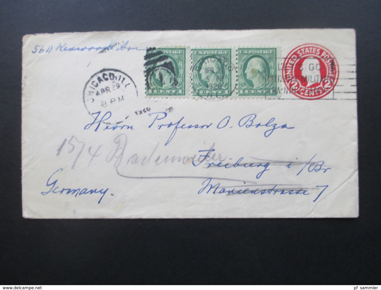 USA 1926 GA Mit 3 ZuF Chicago-Freiburg Und Weitergeleitet Nach Badenweiler Social Philately Dr. Oskar Bolza Mathematiker - Cartas & Documentos