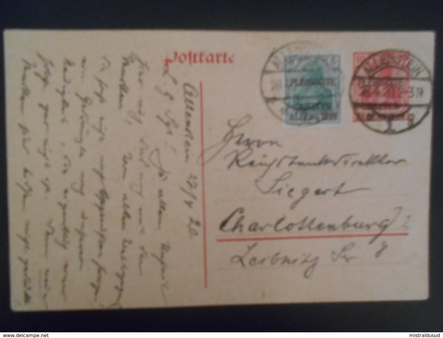 Allemagne Allenstein , Carte De 1920 Pour Charlottenburg - Other & Unclassified