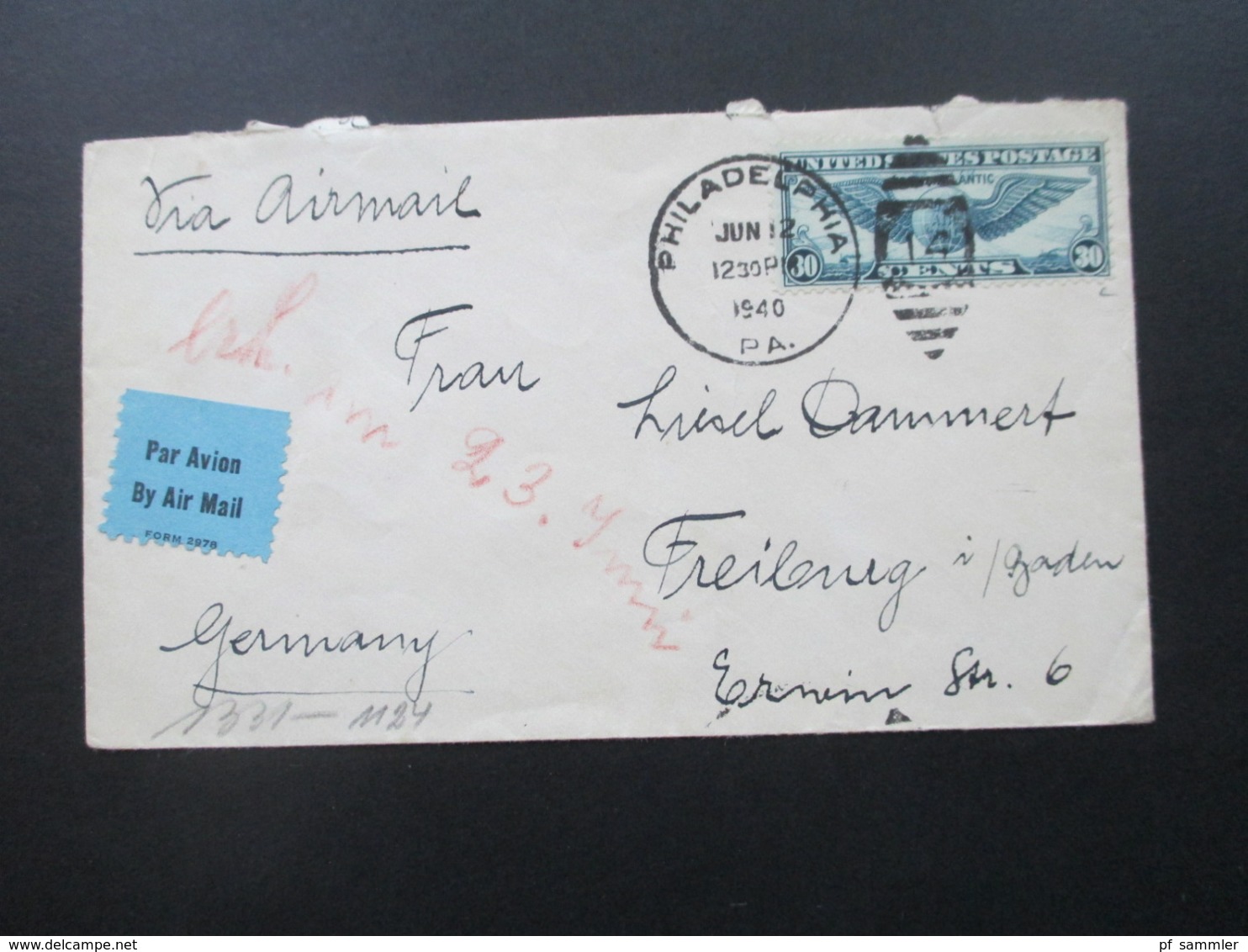 USA 1940 Luftpost / Trans Atlantic Air Mail Zensurbeleg OKW Nach Freiburg Aufkleber Par Avion / By Air Mail - Cartas & Documentos