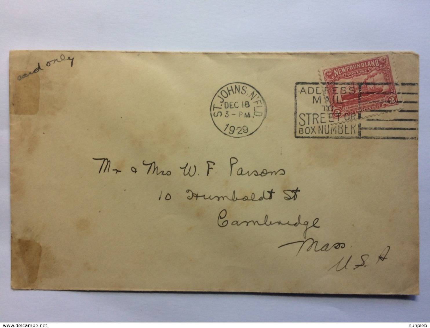 NEWFOUNDLAND - 1929 Cover St. John`s To Cambridge Ma USA - Covers & Documents