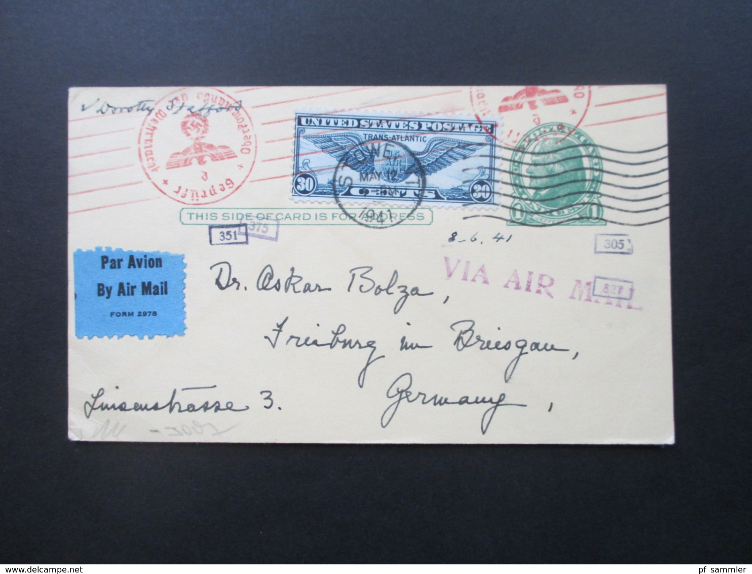 USA 1941 Air Mail Zensurbeleg GA Mit ZuF Mehrfachzensur OKW Stowe-Freiburg Social Philately Dr. Oskar Bolza Mathematiker - Covers & Documents