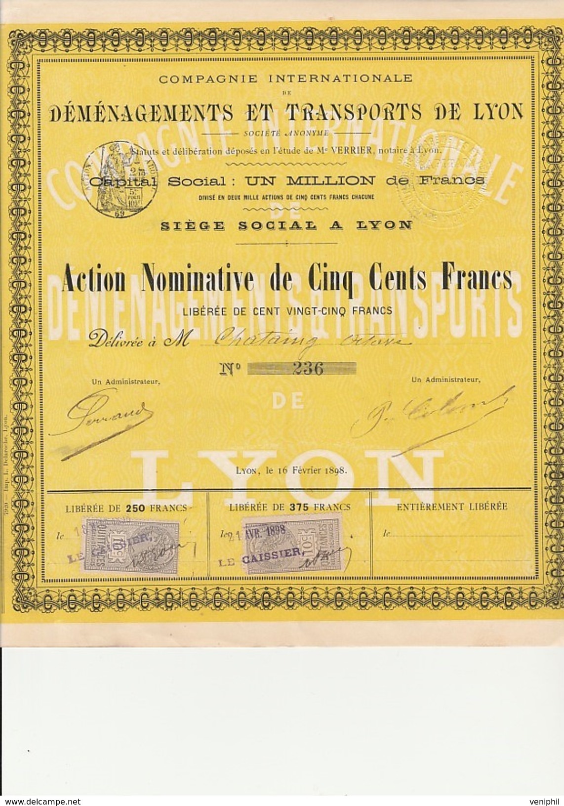 ACTION NOMINATIVE DE1898 -COMPAGNIE INTERNATIONALE DE DEMENAGEMENTS ET TRANSPORTS DE LYON. - Trasporti