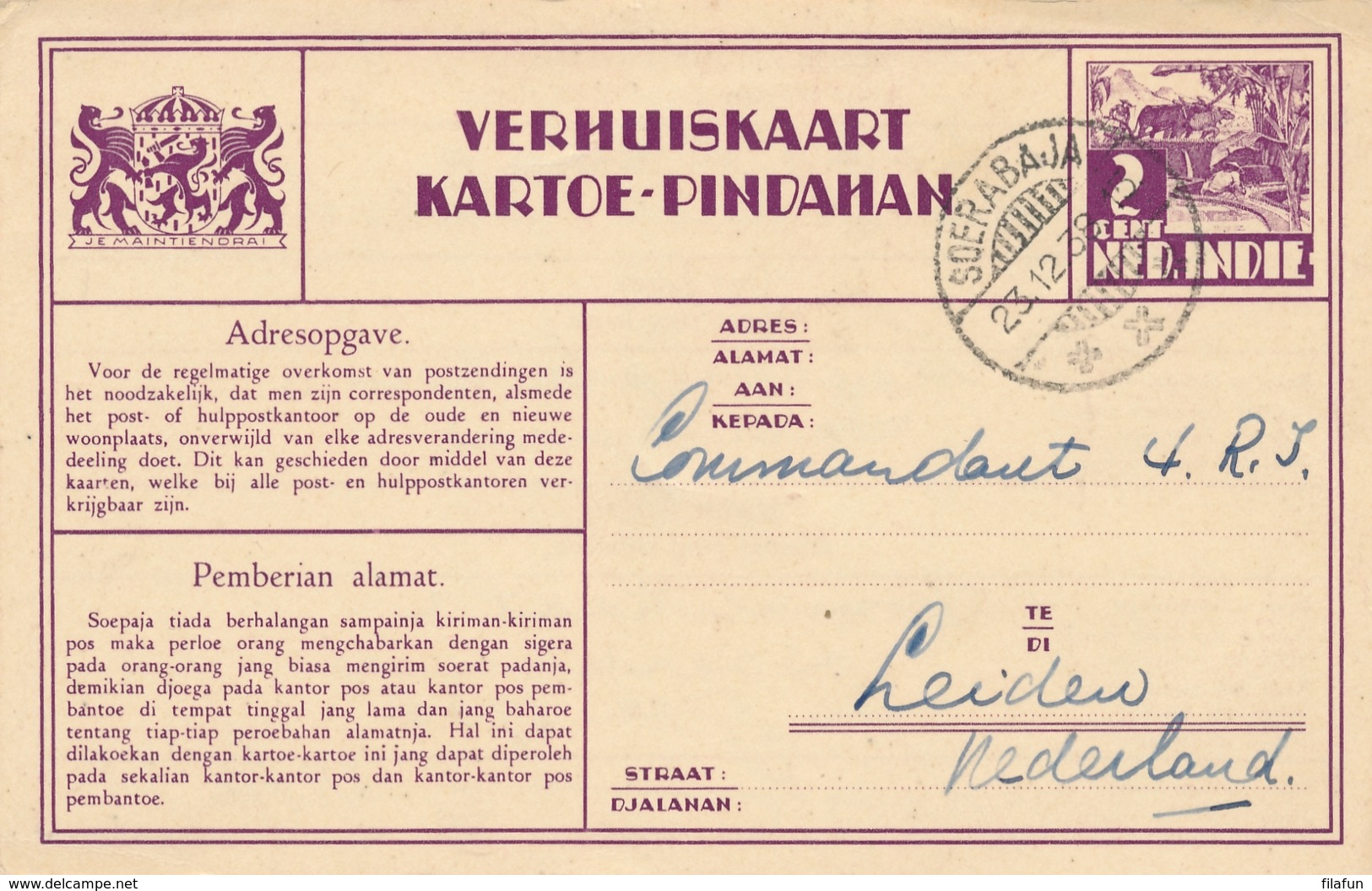 Nederlands Indië - 1938 - 2 Cent Karbouwen, Verhuiskaart G9a Echt Gebruikt Van Soerabaja Naar Leiden / Nederland - Nederlands-Indië