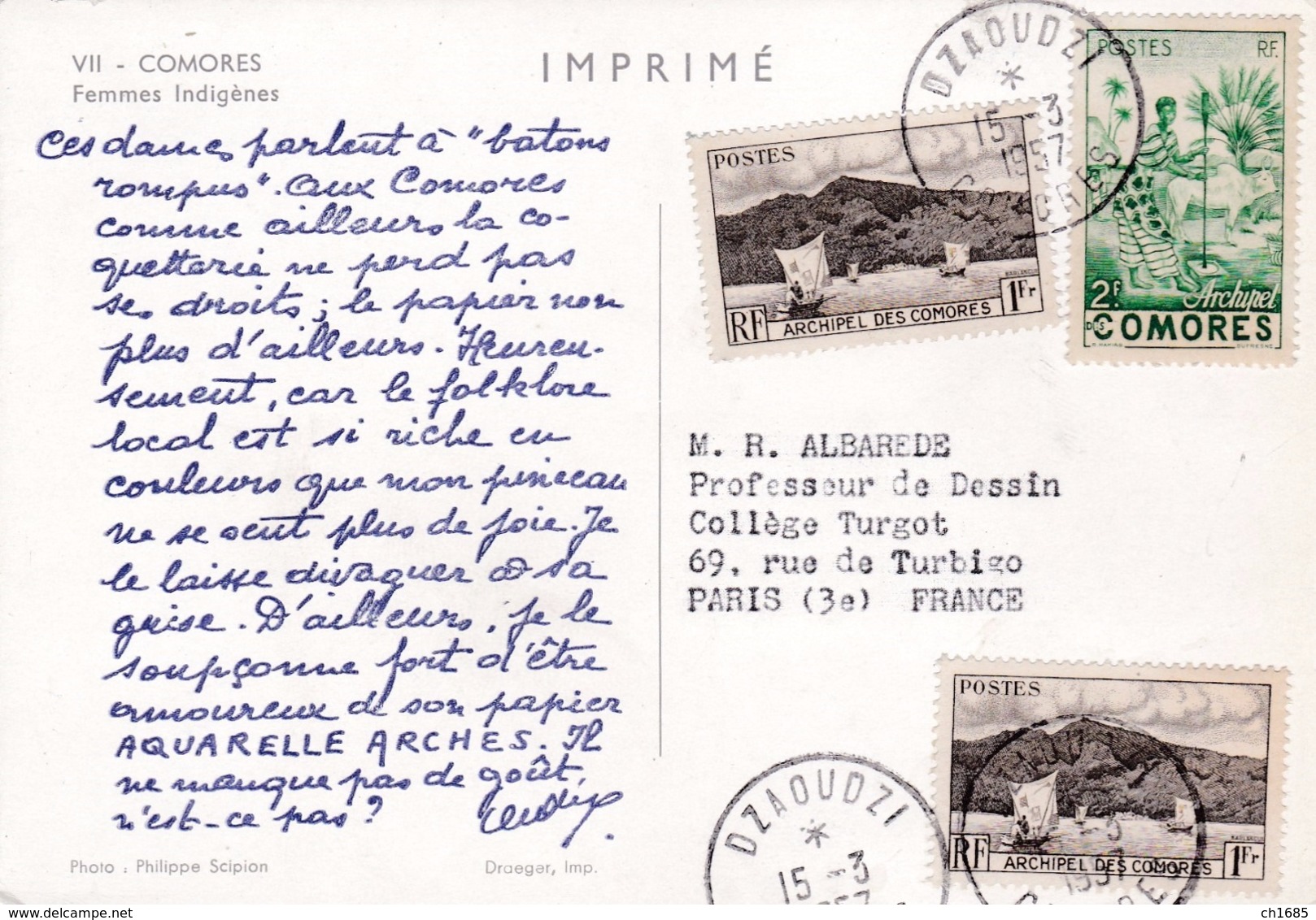 COMORES : Femmes Indigènes : Carte AQUARELLE ARCHES . Oblitération Dzaoudzi De 1957 - Comores