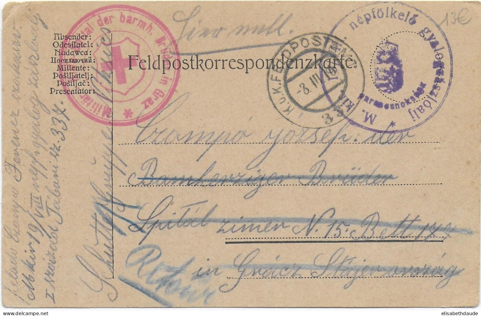 1916 - CARTE FM De HONGRIE => HOPITAL MILITAIRE De GRAZ (AUTRICHE) Avec RETOUR  - CROIX ROUGE - Lettres & Documents