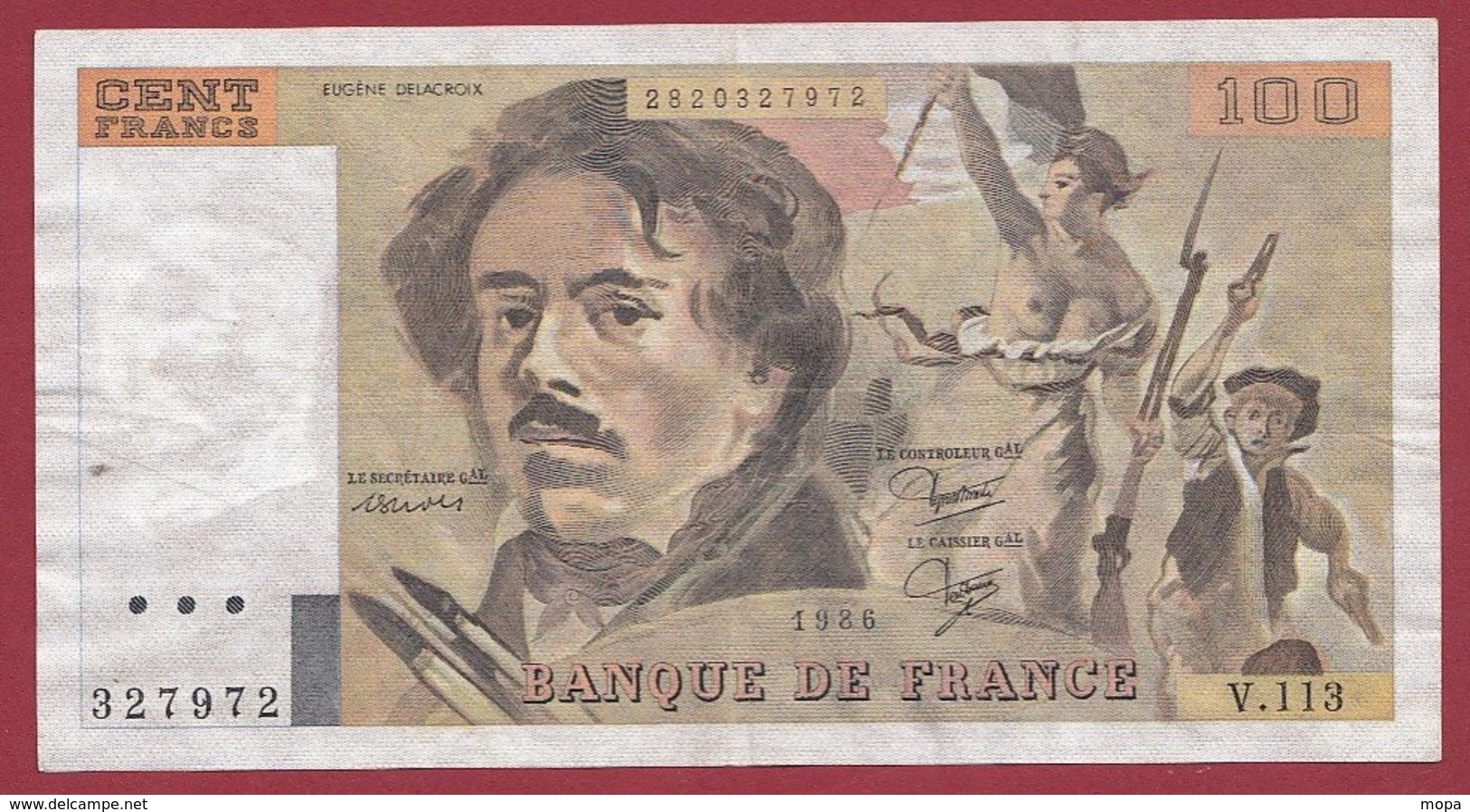 100 Francs "Delacroix" 1986 --F/TTB+--Série -V.113---2 TROU D EPINGLE - 100 F 1978-1995 ''Delacroix''