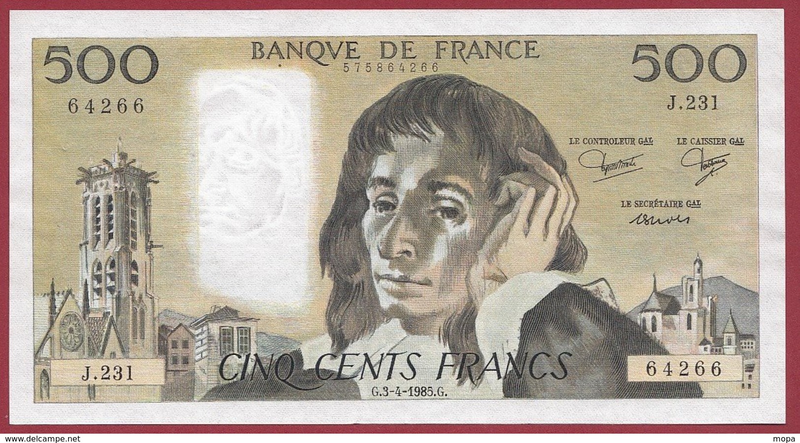 500 Francs "Pascal" Du 03/04/1985.G --XF/SUP+--Série -M.231 - 500 F 1968-1993 ''Pascal''