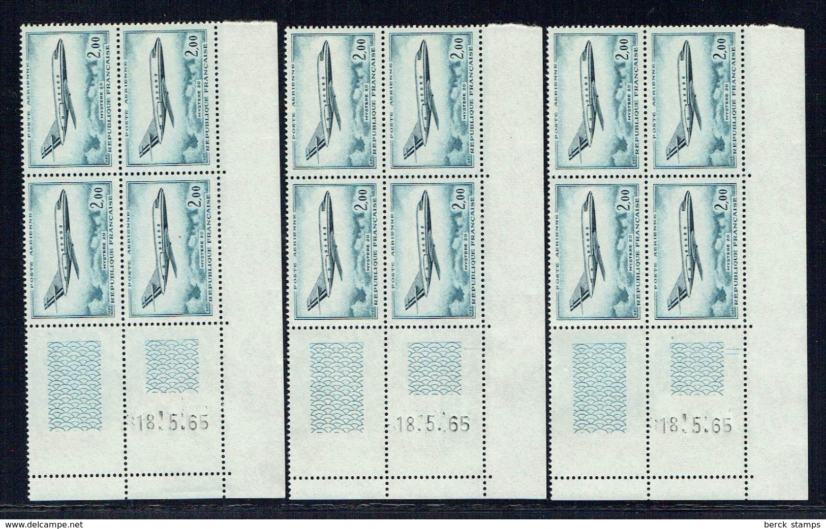 FRANCE - N°PA 42 **-  Mystère 20 -  Les 3 GALVANOS DIFFERENTS Du Coin Daté  Du 18/5/1965 - Posta Aerea