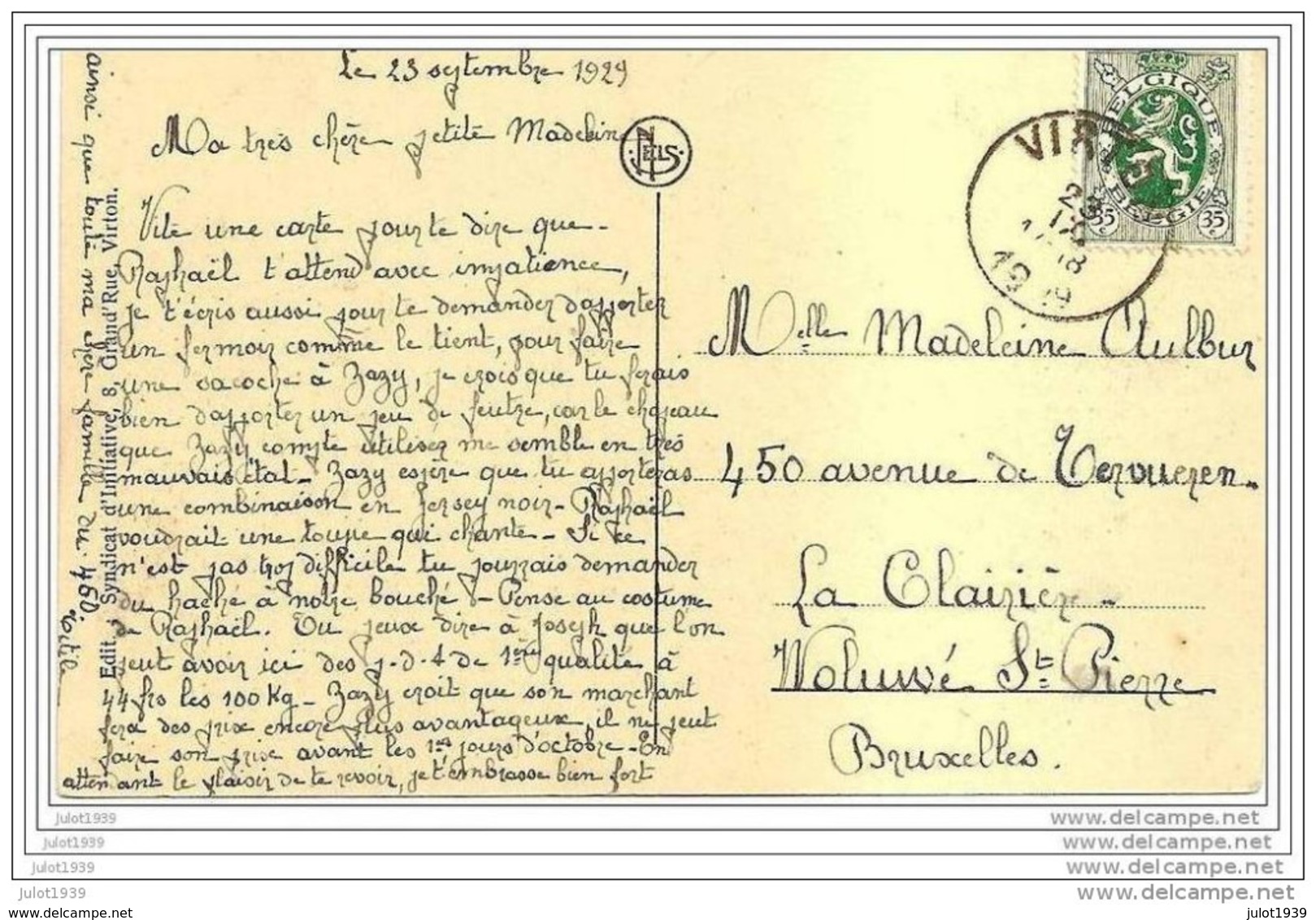 MEIX ..-- Panorama . 1929 Vers WOLUWE ( Melle Madeleine AULBUR ). Voir TEXTE Verso !! - Meix-devant-Virton