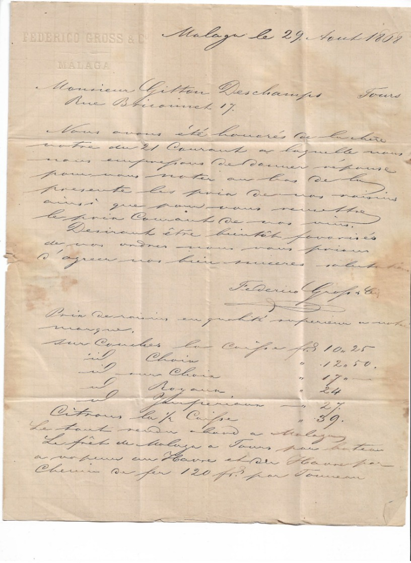 Lettre De Malaga à Fours En France,1868, Lettre Signé FREDERICO GROSS - Briefe U. Dokumente