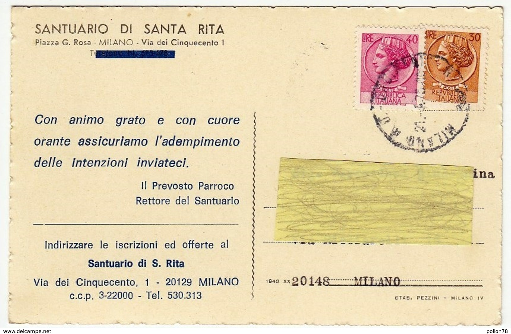 UN SALUTO DAL SANTUARIO DI S. RITA IN MILANO - Vedi Retro - Formato Piccolo - Milano (Milan)