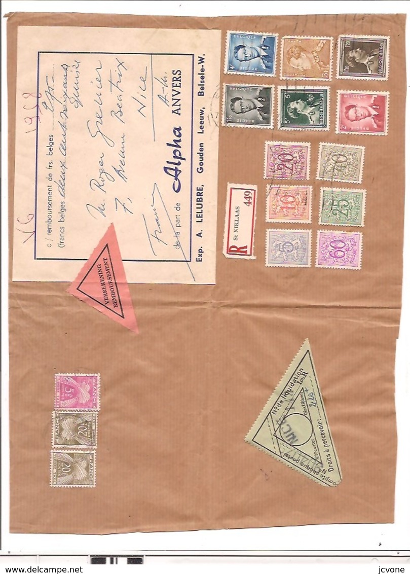 1956 45FRNCS De Taxes Gerbes Sur Fragment De Colis Postal Belge Reco Et Remboursement - 1859-1959 Briefe & Dokumente