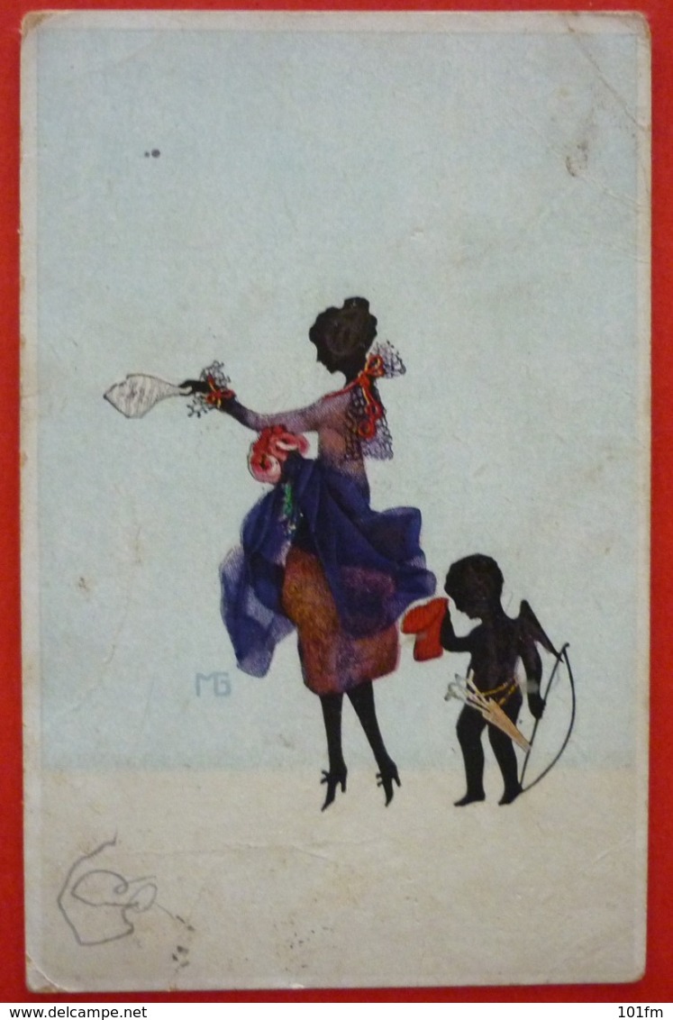 GRAF MARTE - SILHOUETTE POSTCARD  -  WOMAN AND AMORET - Graf, Marte