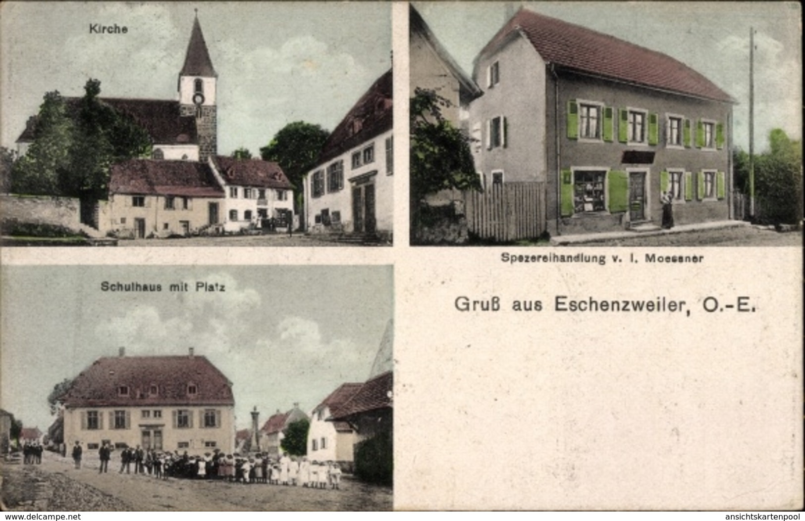 Cp Eschentzwiller Eschenzweiler Elsass Haut Rhin, Kirche, Schulhaus, Spezereihandlung V. I. Moessner - Other & Unclassified