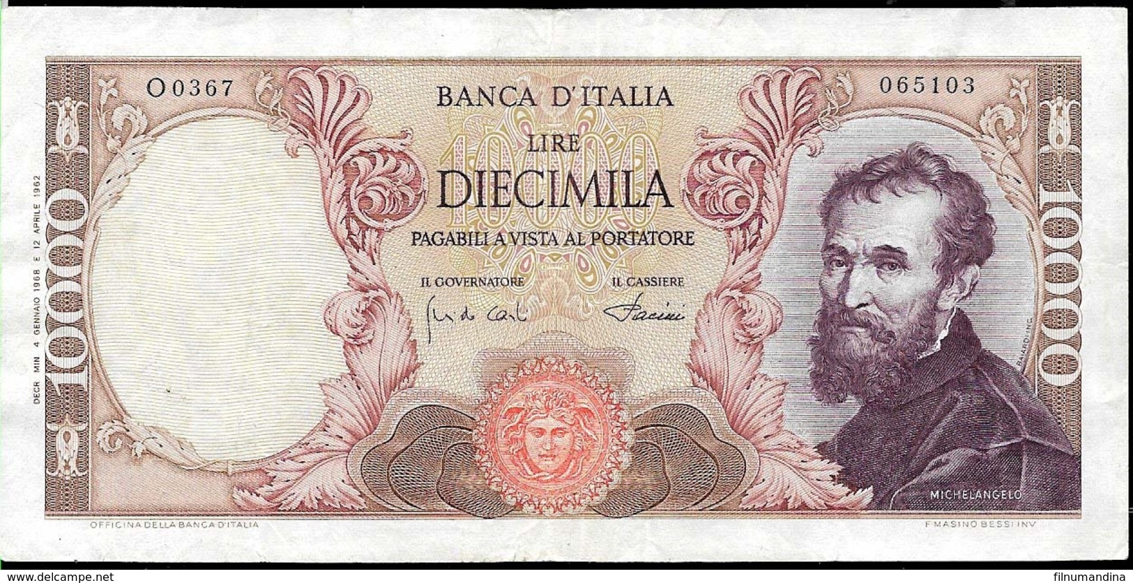 ITALIA 10000 LIRAS AÑO 1962 MICHELANGELO USADO BUEN ESTADO - 1000 Liras