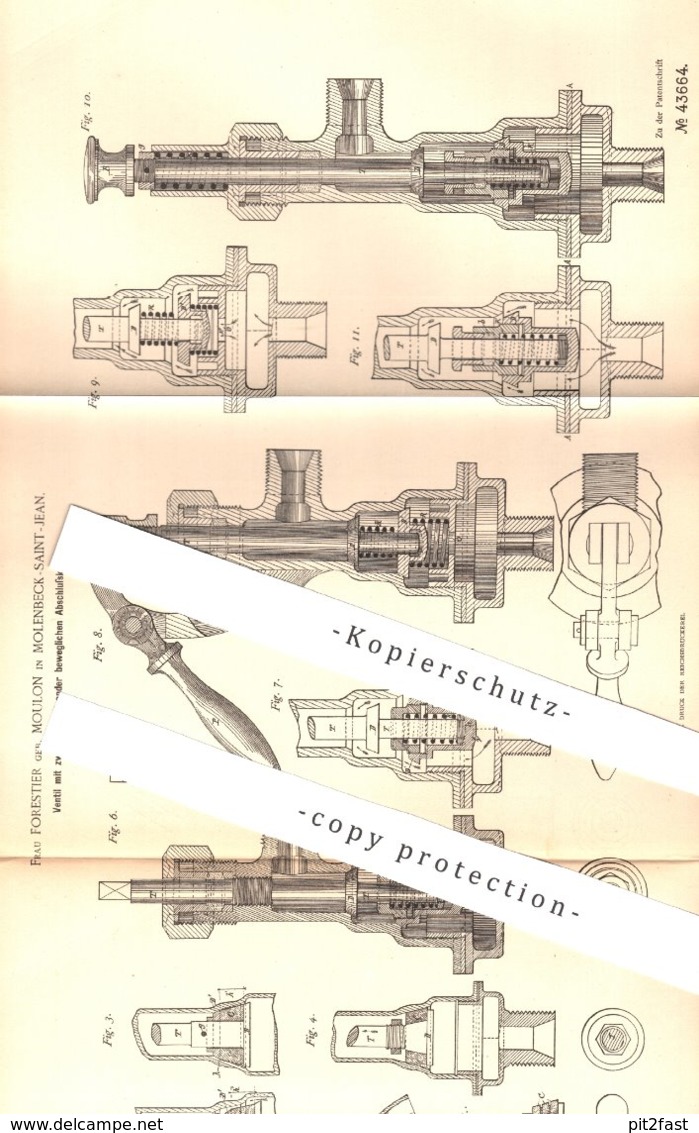 Original Patent - Forestier Geb. Moulon , Molenbeck Saint Jean , 1887 , Ventil | Wasserhahn , Klempner !!! - Historische Dokumente