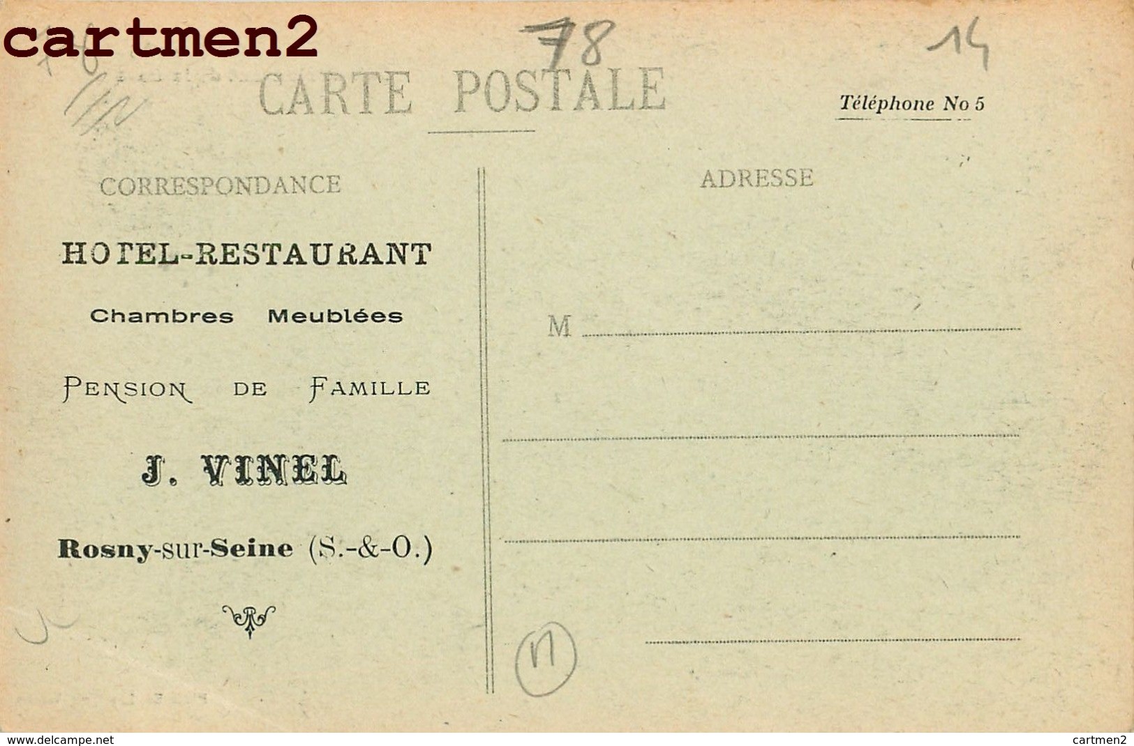 ROSNY-SUR-SEINE CAFE RESTAURANT DE LA GARE J. VINEL PUBLICITE AU DOS 78 YVELINES - Rosny Sur Seine