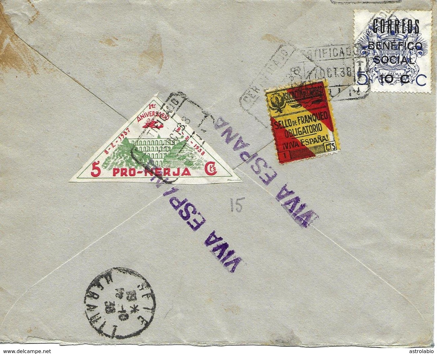 La Coruña A Francia 1938, Por Certificado, Locales, Al Dorso Llegada. Censura. Guerre D'Espagne Ver 2 Scan - Emissions Nationalistes