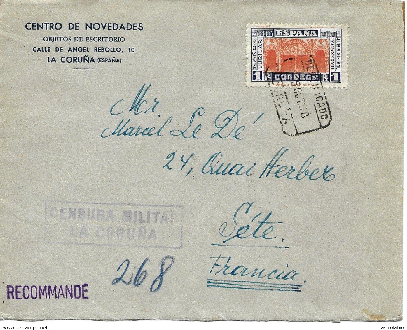 La Coruña A Francia 1938, Por Certificado, Locales, Al Dorso Llegada. Censura. Guerre D'Espagne Ver 2 Scan - Emisiones Nacionalistas