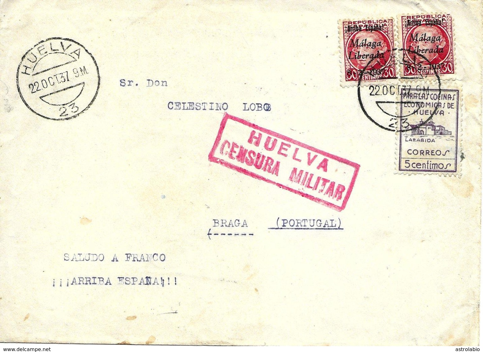 Huelva A Portugal 1937, Locales De Málaga, Al Dorso Llegada.censura Guerre D'Espagne Ver 2 Scan - Emissions Nationalistes