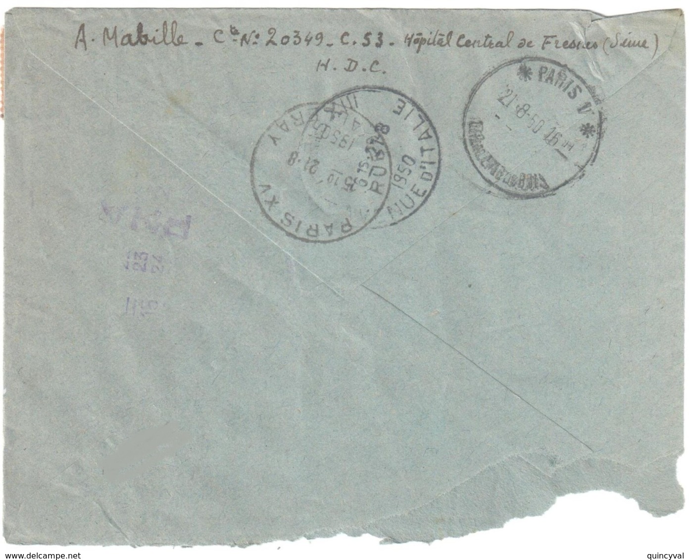 FRESNES Seine Pneumatique D'un Prisonnier à L'Hopital 15F Yv 813 Gandon Ob 21 8 1950 TAD Heure Manuscrite - Storia Postale