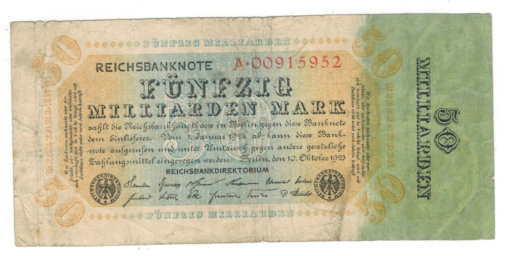 Germany, 50 Milliarden Mark (1924) , P-119. VG/F. - 50 Milliarden Mark
