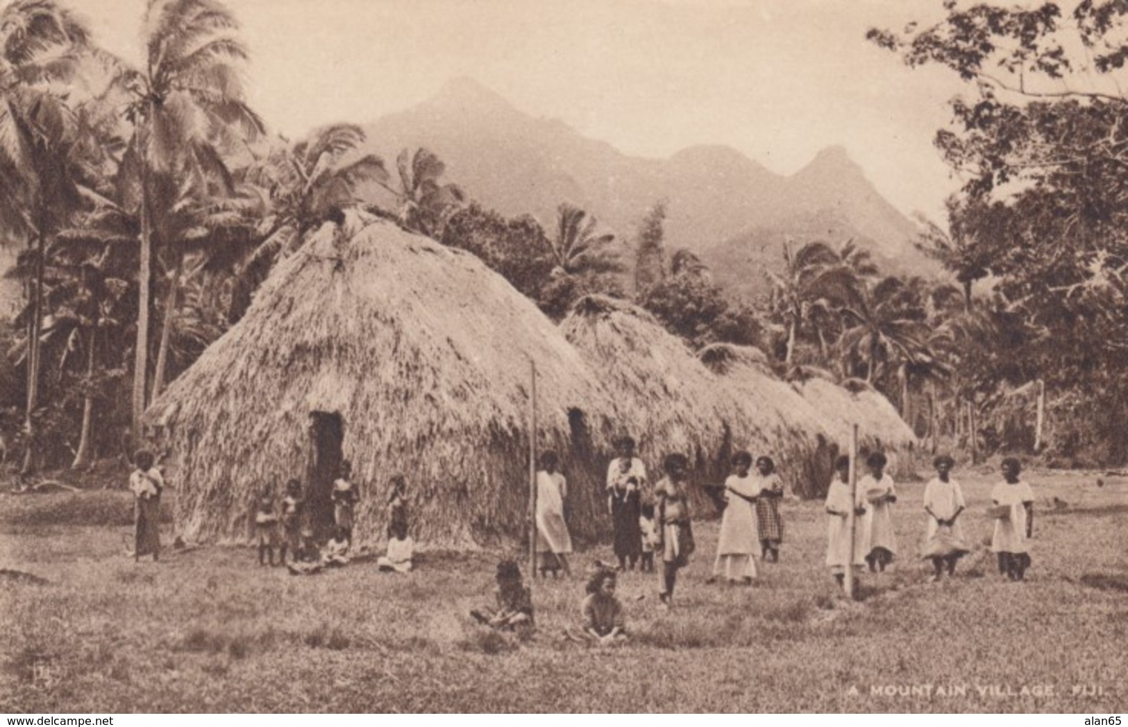 Fiji Mountain Village Scene, Natives And Huts, South Seas Pacific Oceania, C1900s/10s Vintage Tuck's Postcard - Fiji