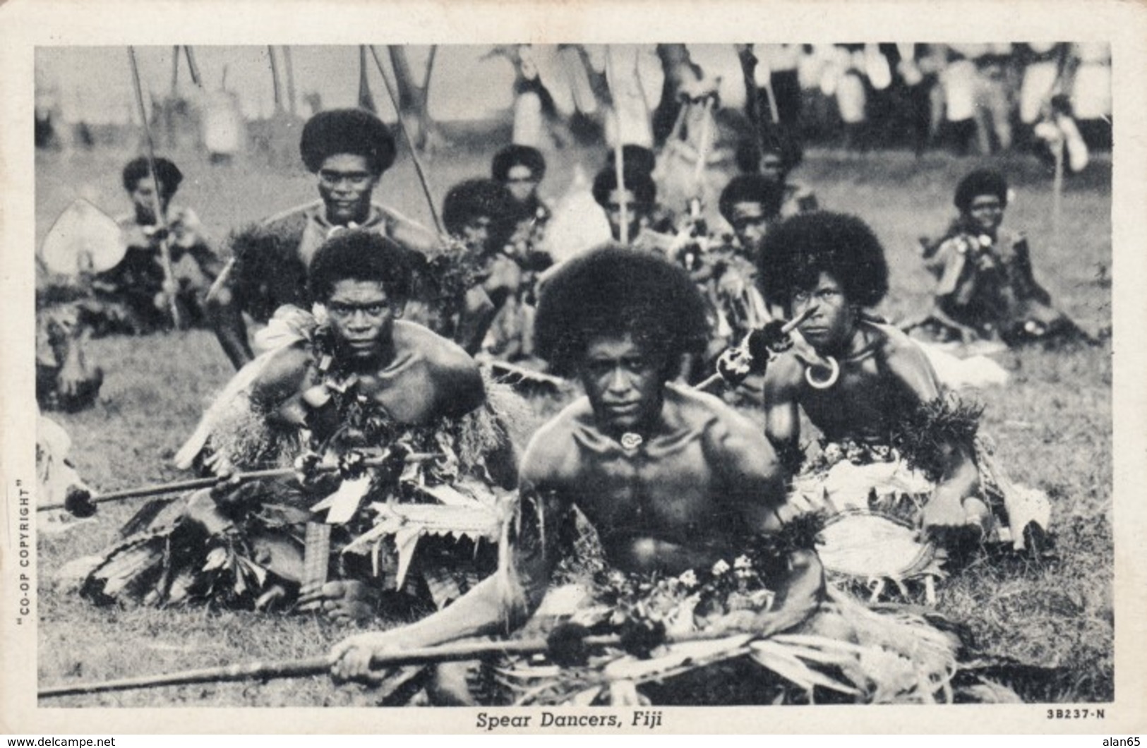 Fiji Native Spear Dancers, Men In Traditional Fashion, South Seas Pacific Oceania, C1940s Vintage Postcard - Fiji