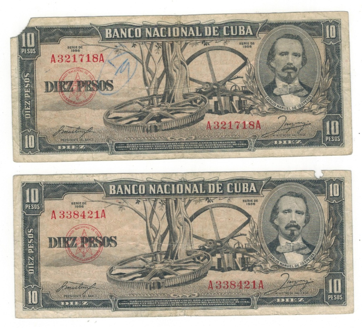 Cuba 10 Pesos, 1956. Lot Of 2 Banknotes. Used,  SEE SCAN - Cuba