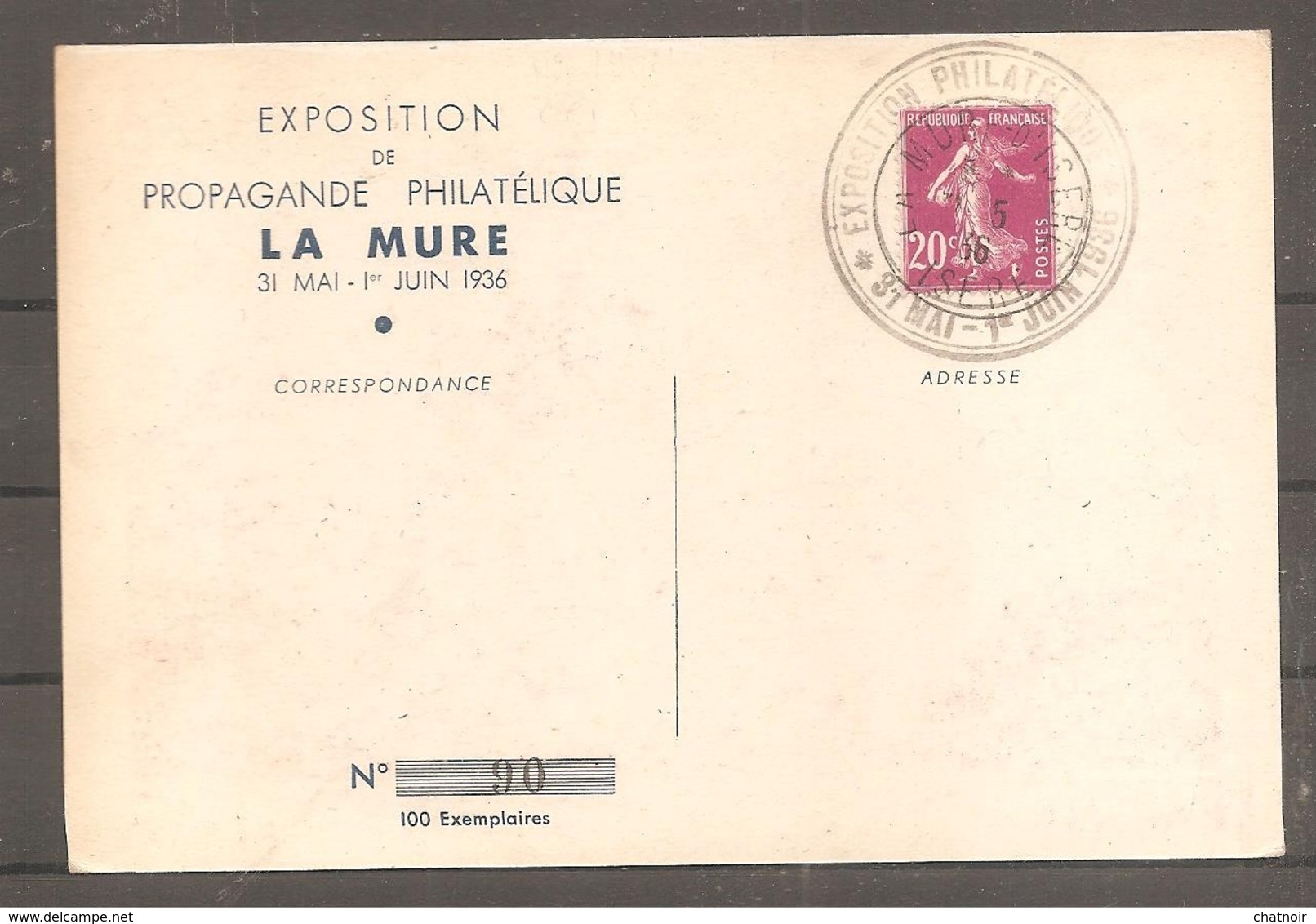 Sur Carte Postale  Expo Philatelique LA MURE  1936  20 C Semeuse  Oblit LA MURE ISERE + Cachet Expo /n° 90 Sur 100 - Autres & Non Classés