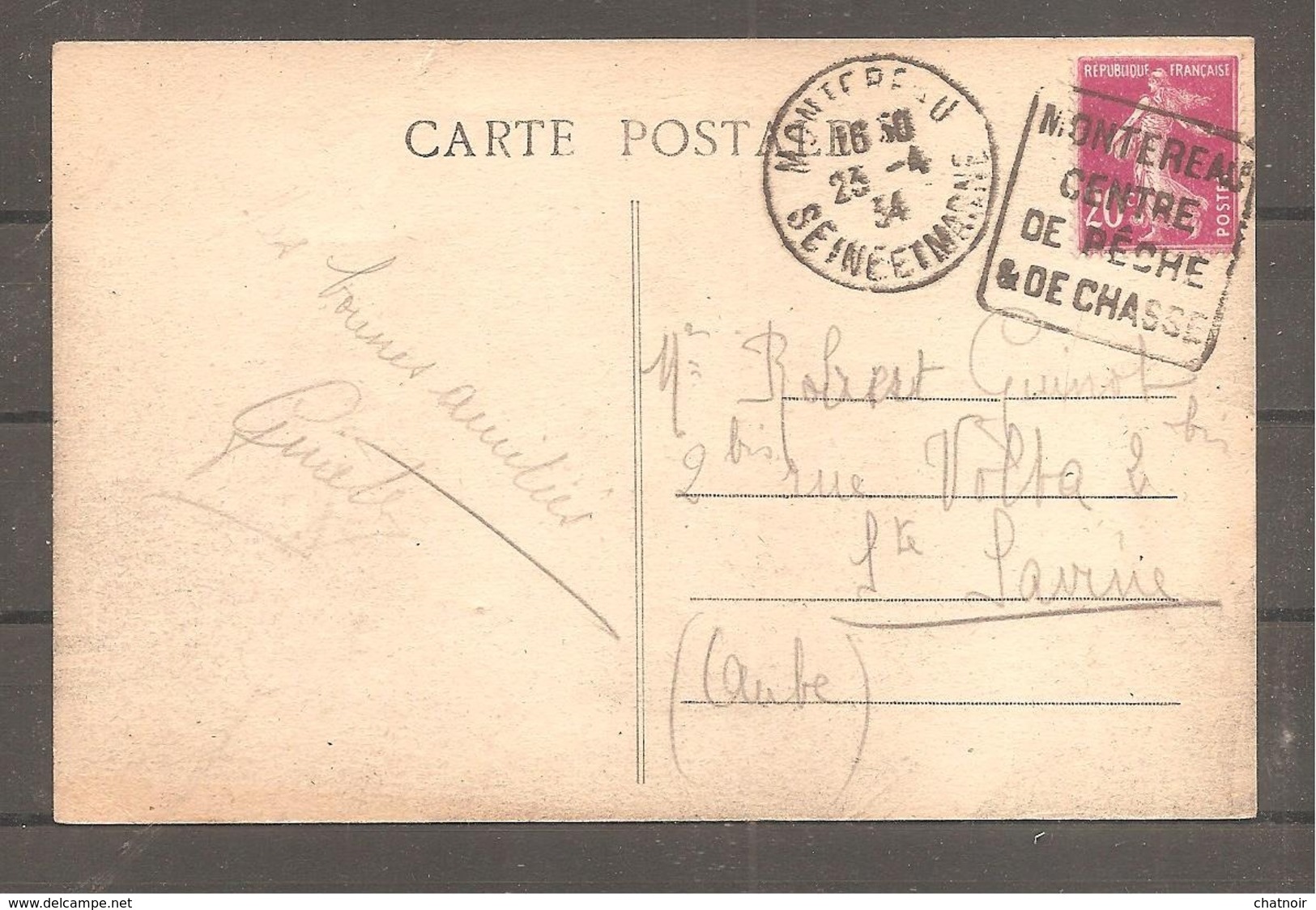 Sur Carte Postale MONTEREAU  Seine Et Marne    Oblit  Daguin (peche Chasse)sur 20 C Semeuse  1934 - 1906-38 Semeuse Camée