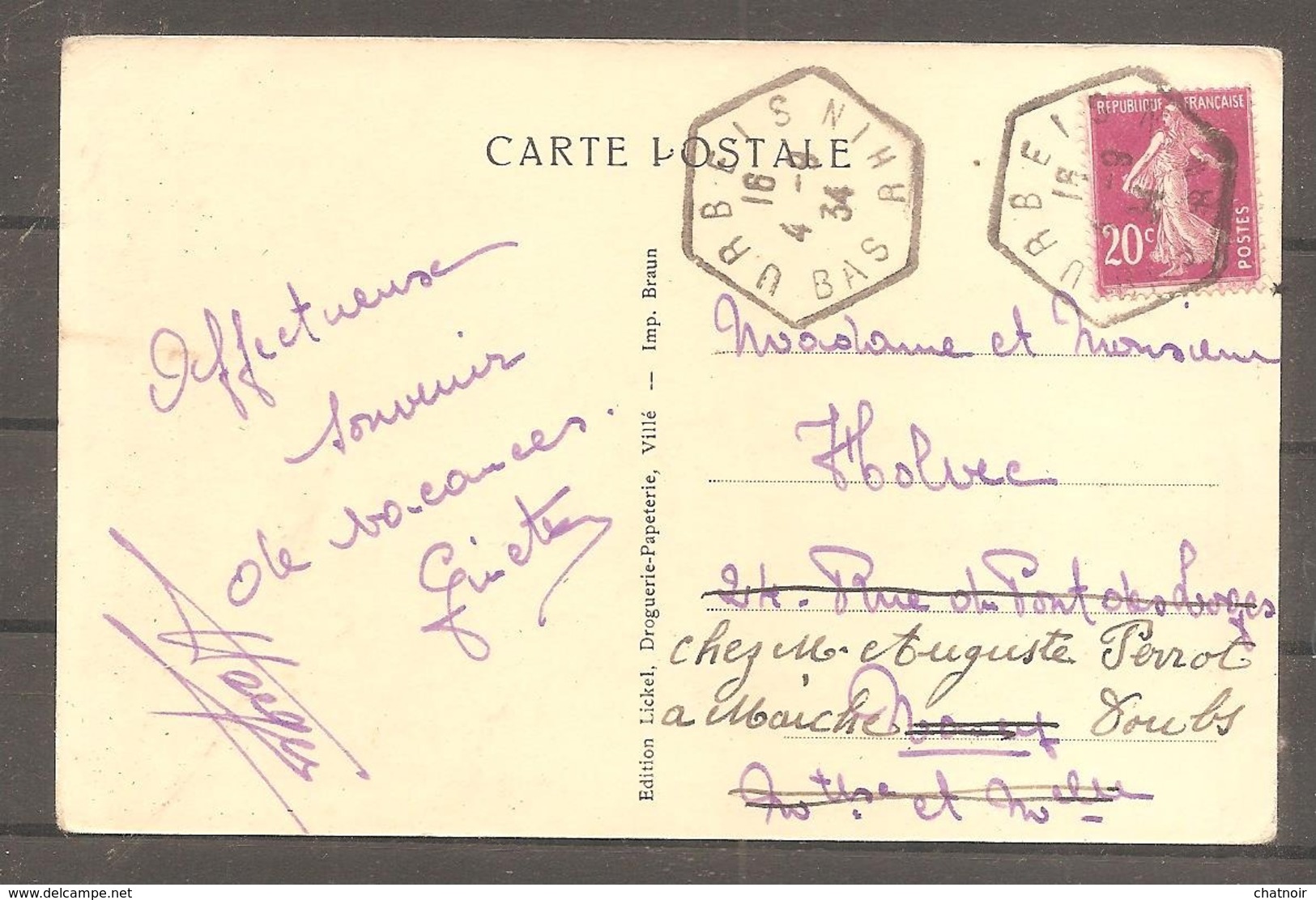 Sur Carte Postale   URBEIS  BAS RHIN   Oblit   Sur 20 C Semeuse  1934 - 1906-38 Säerin, Untergrund Glatt