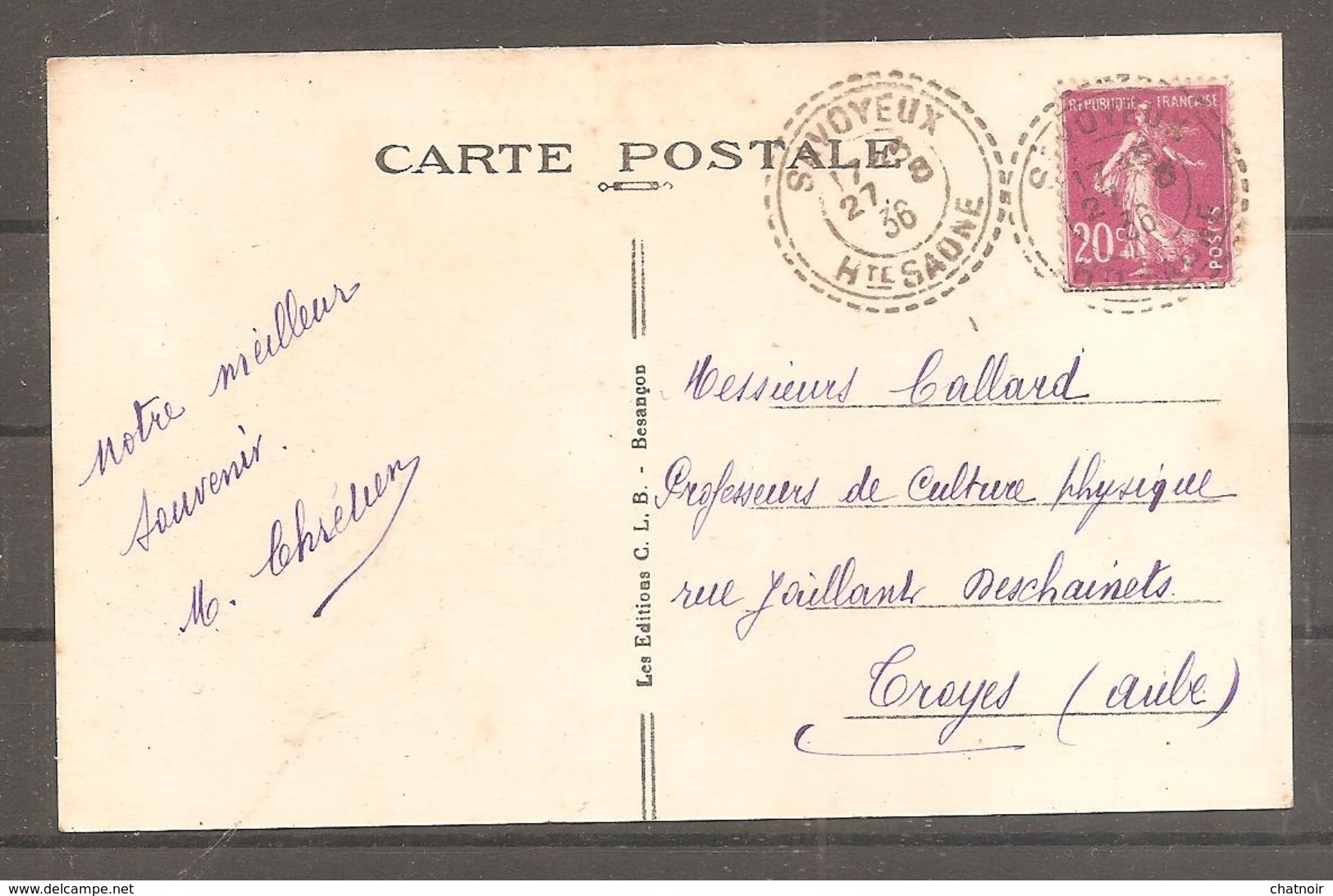 Sur Carte Postale SAVOYEUX  Haute Saone    Oblit   Sur 20 C Semeuse  1936 - 1906-38 Säerin, Untergrund Glatt