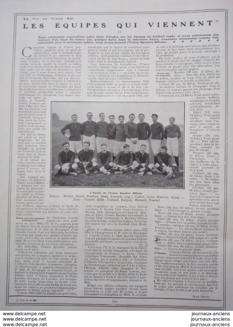 1911 RUGBY - L'EQUIPE DE L'UNION SPORTIVE DÔLOISE - DOLE - 1900 - 1949