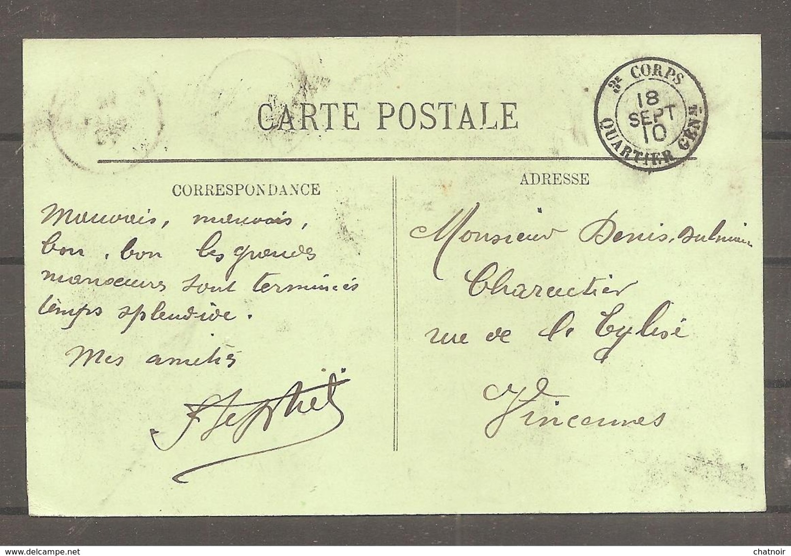 Sur Carte Postale  SONGEONS  OISE  10 C Semeuse F M  Oblit   3  Corps Quartier General 1910 (manoeuvres) - Lettres & Documents