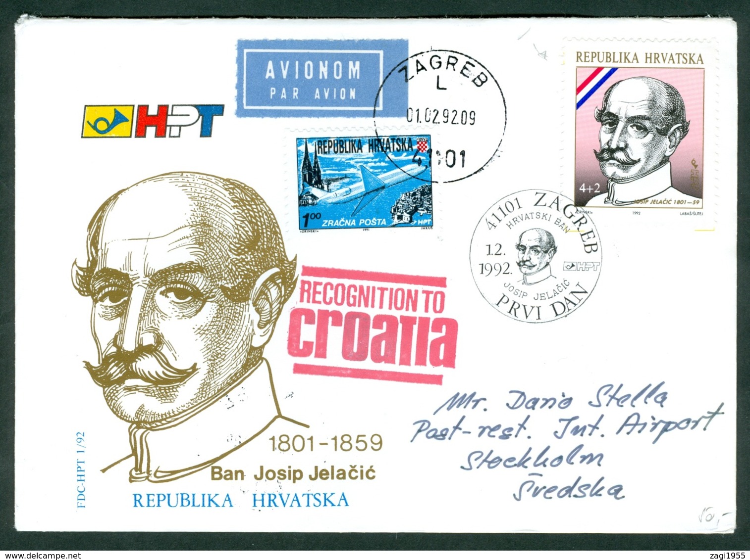 Croatia 1992 FDC Famous Croats Definitive Issue Jelacic Compulsory Stamps With Promotion Cancel Sent Abroad ERROR Letter - Kroatien