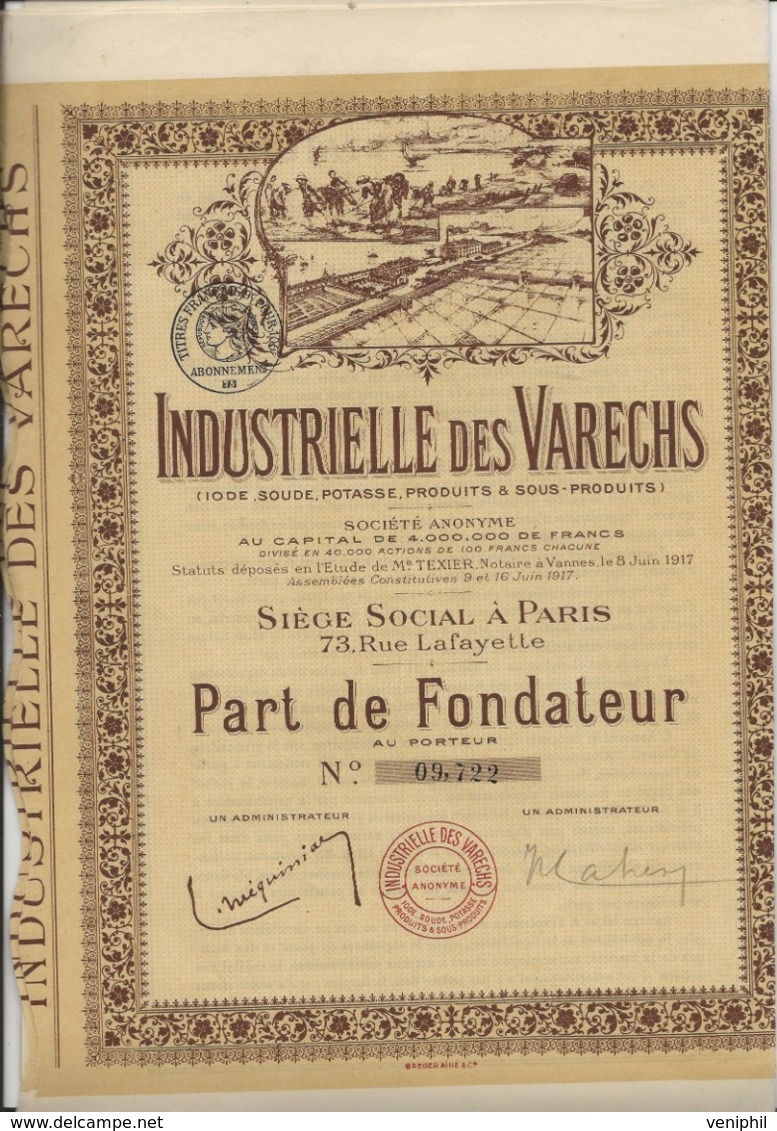 INDUSTRIELLE DES VARECHS - 4 PARTS DE FONDATEURS  - 1917 - Landbouw