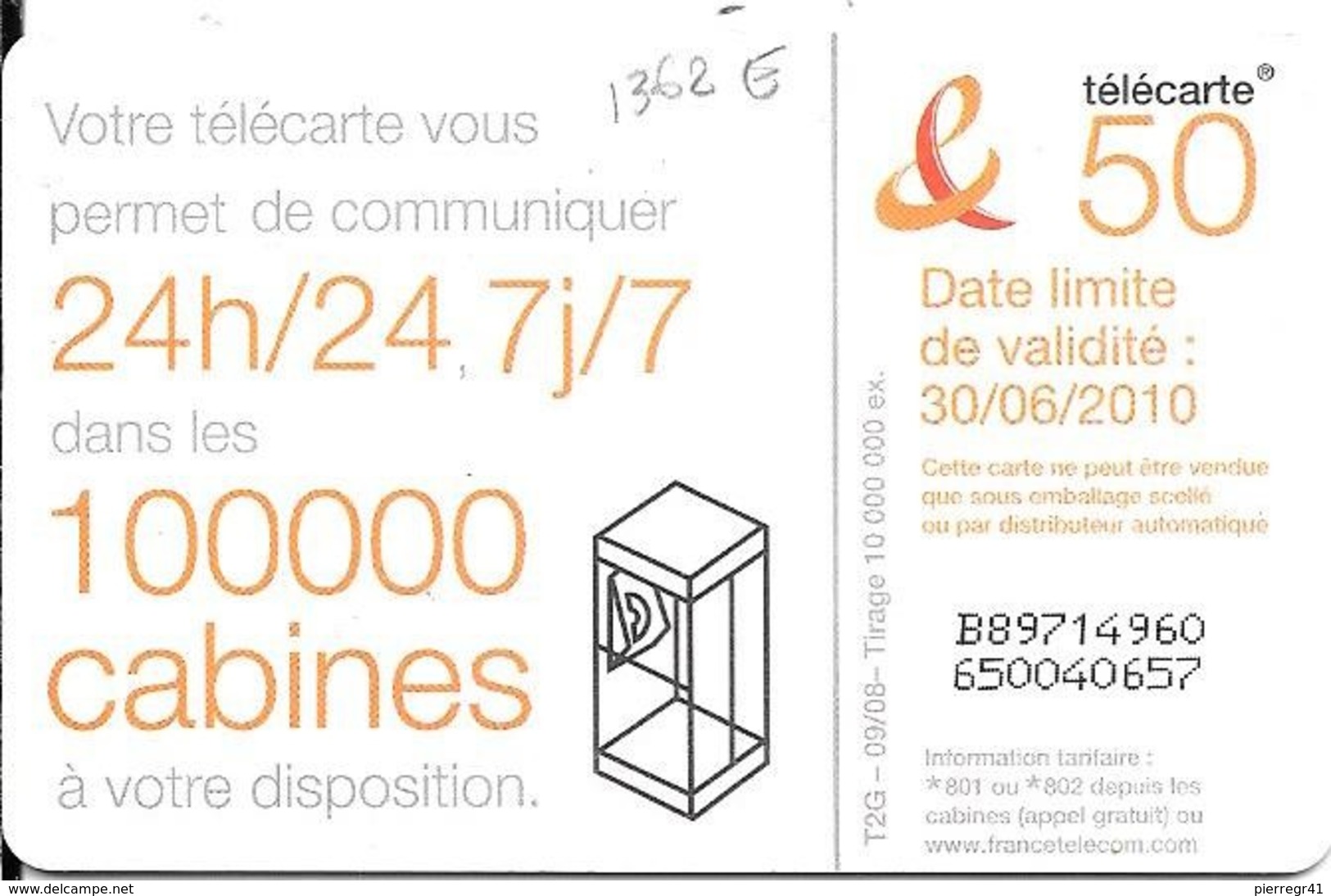 CARTE-PUBLIC-50U-F1362E-GEM1-09/08-DANSE 6-V°100000 CABINES-Ex 30/06/2010-UTILISE-TBE - 2008