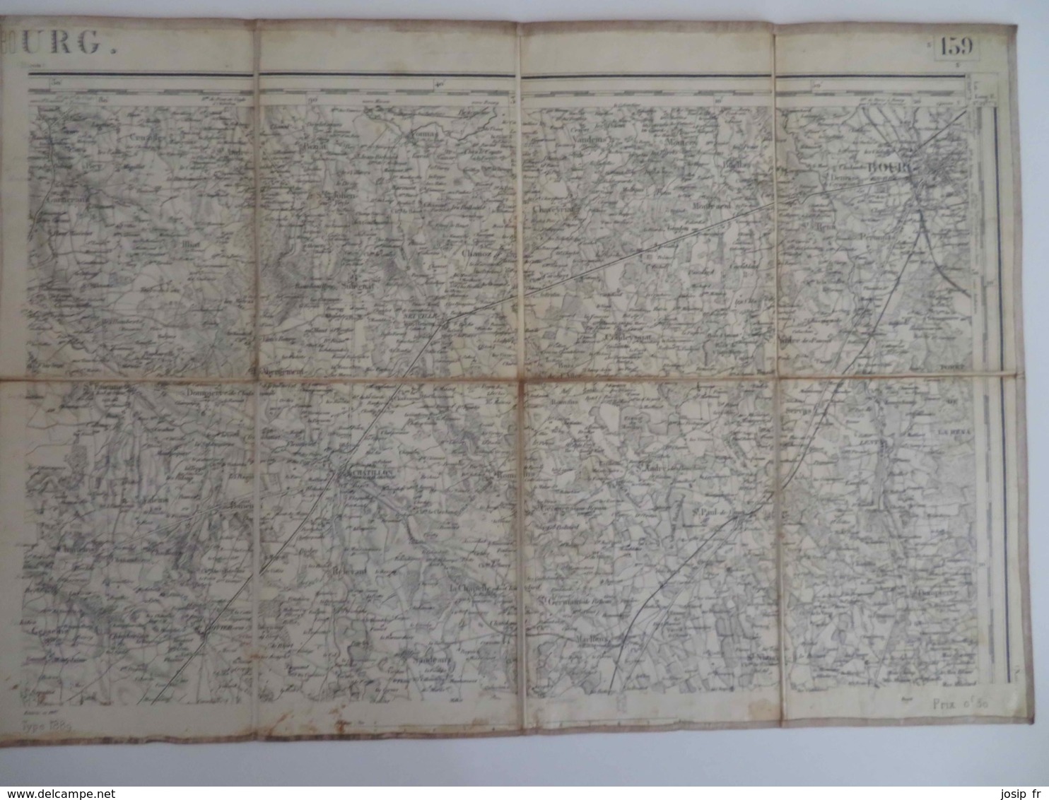 CARTE D'ETAT-MAJOR BOURG NORD-EST 1/80000 TYPE 1889 REVISION 1897 COLLÉE SUR TOILE- BOURG-EN-BRESSE EN HAUT À DROITE - Topographical Maps