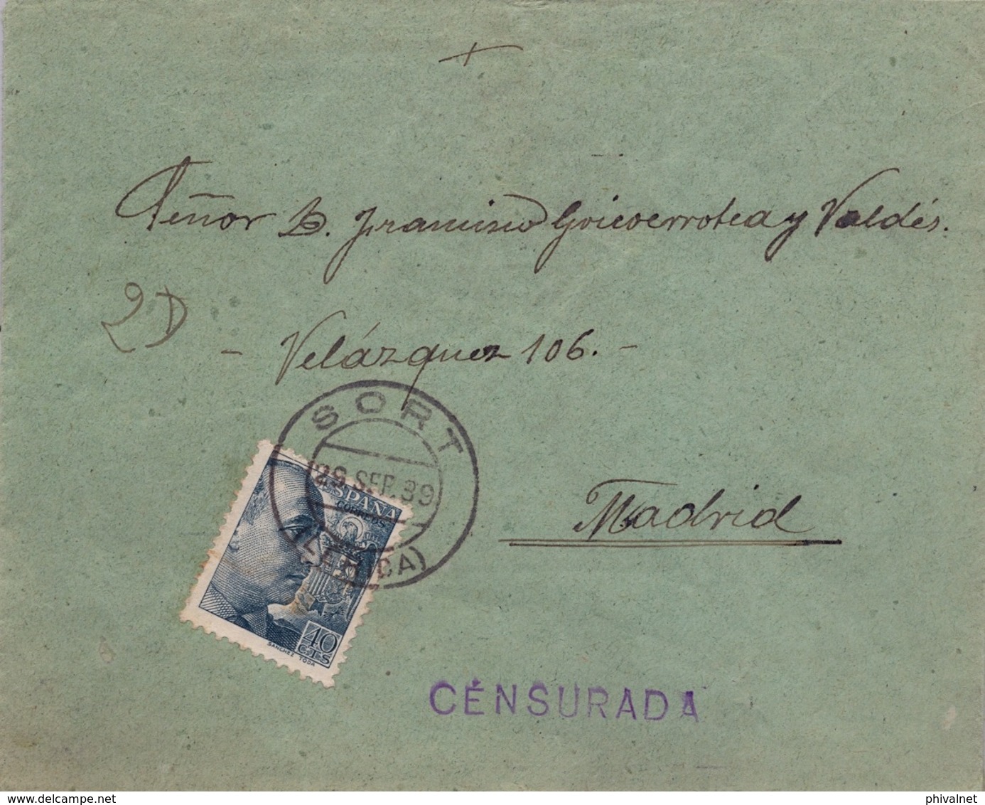 1939 , LÉRIDA , SOBRE CIRCULADO , SORT - MADRID , MARCA DE CENSURA , HELLER S121.1 , LLEGADA - Cartas & Documentos