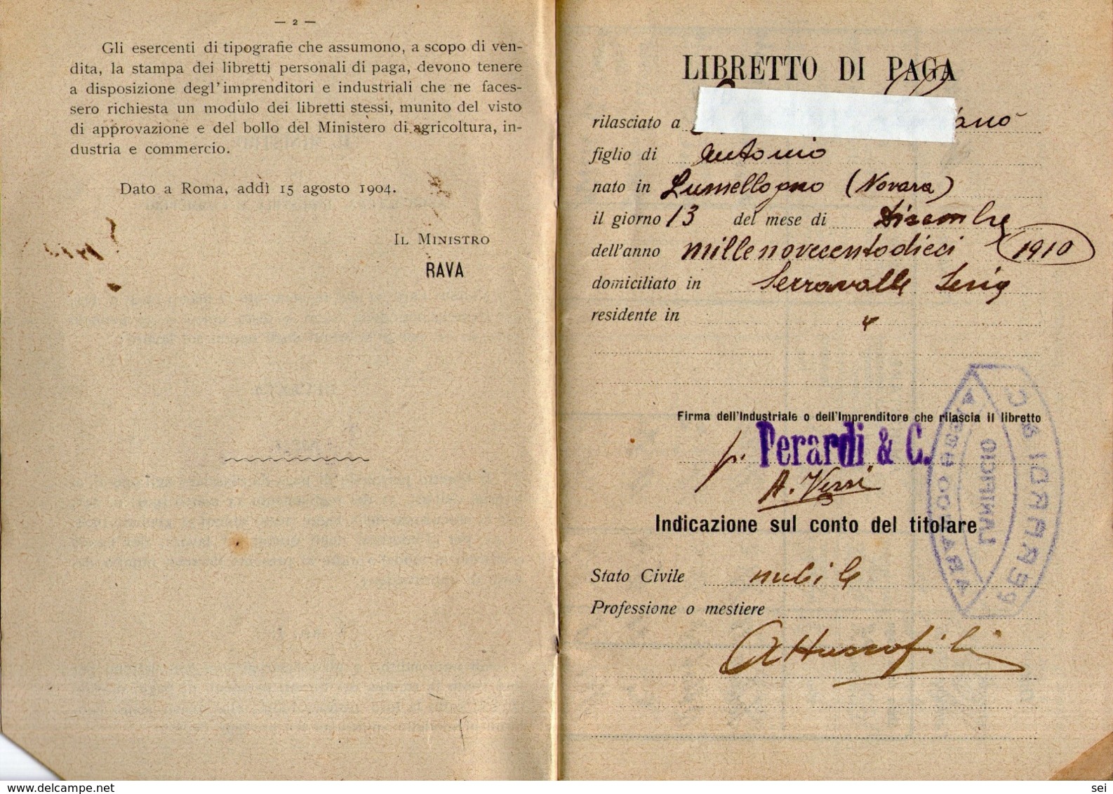 B 2765 - Serravalle Sesia, Vercelli,  Libretto Di Paga - Non Classificati