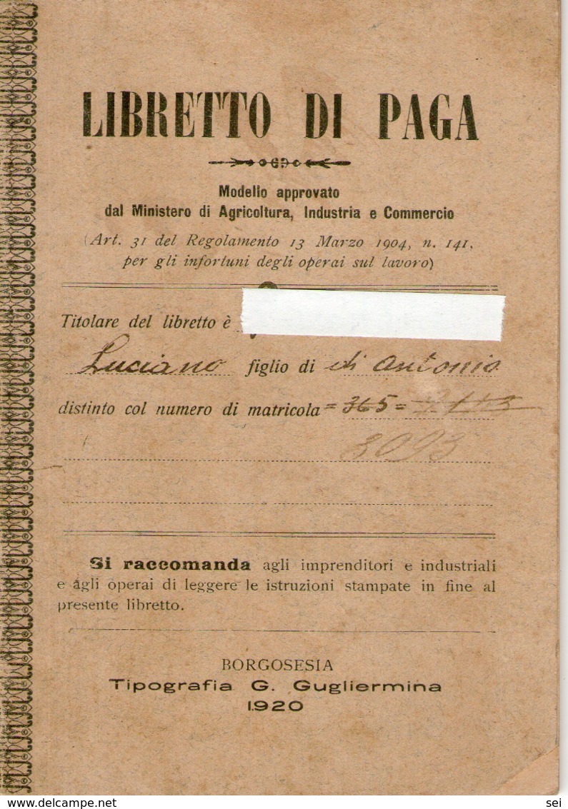 B 2765 - Serravalle Sesia, Vercelli,  Libretto Di Paga - Non Classificati