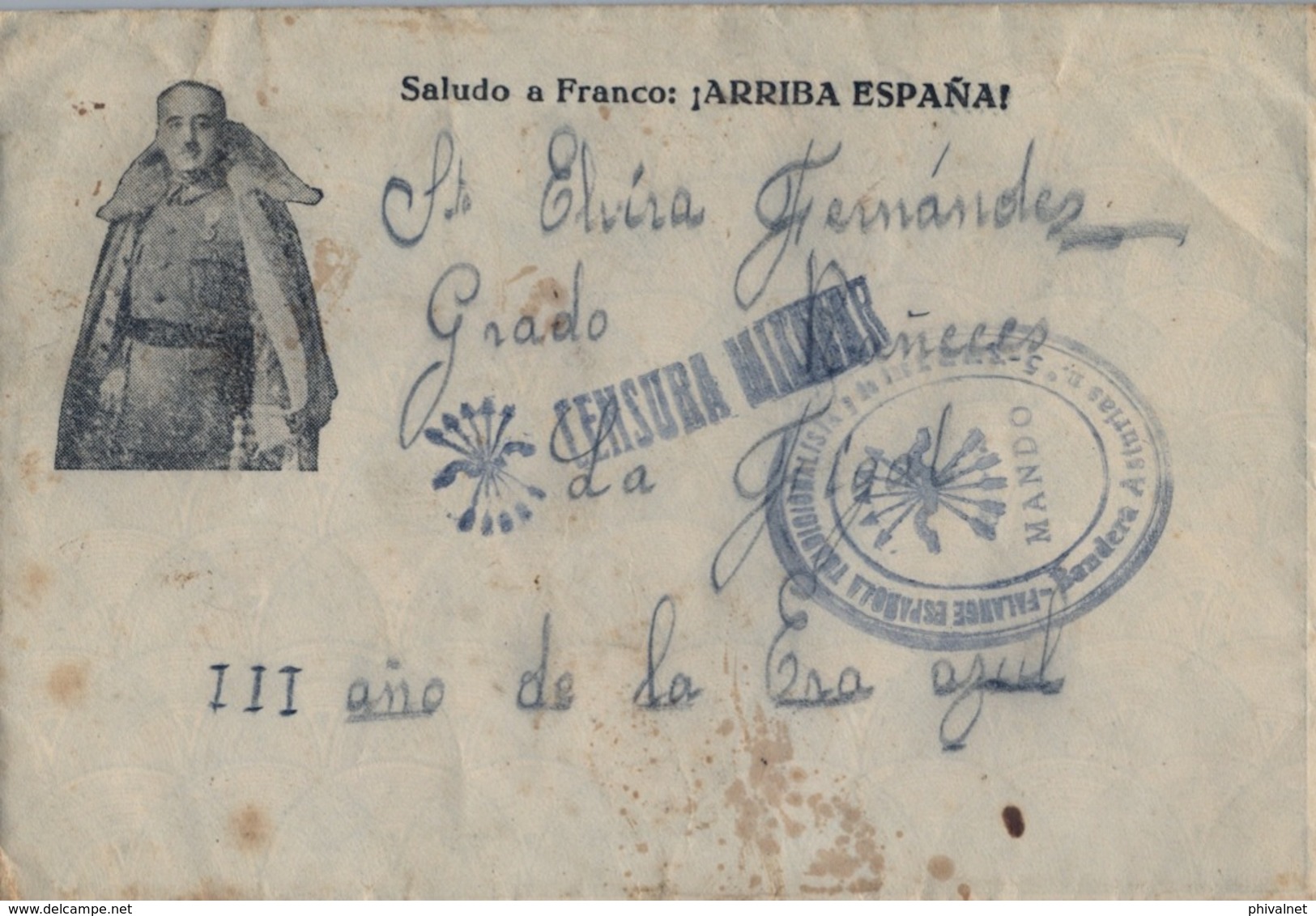 1938 , ASTURIAS , SOBRE CIRCULADO , CENSURA MILITAR / FALANGE ESPAÑOLA TRADICIONALISTA/ BANDERA ASTURIAS Nº 5 / MANDO - Cartas & Documentos