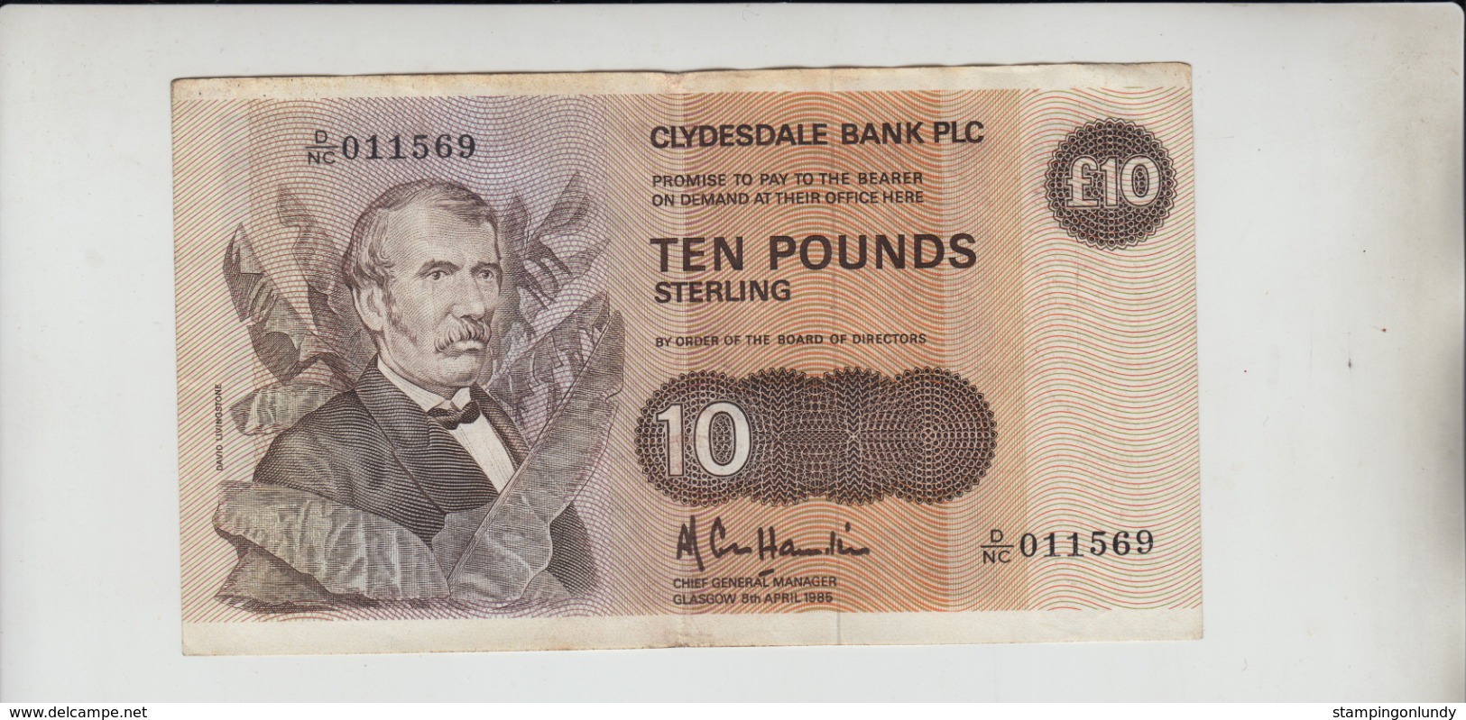 AB606 Clydesdale Bank PLC £10 Note 8th April 1985 #D/NC 011569 FREE UK P+P BUY 1 GET 1 (CHEAPEST) 1/2 PRICE BANKNOTES - 5 Pounds