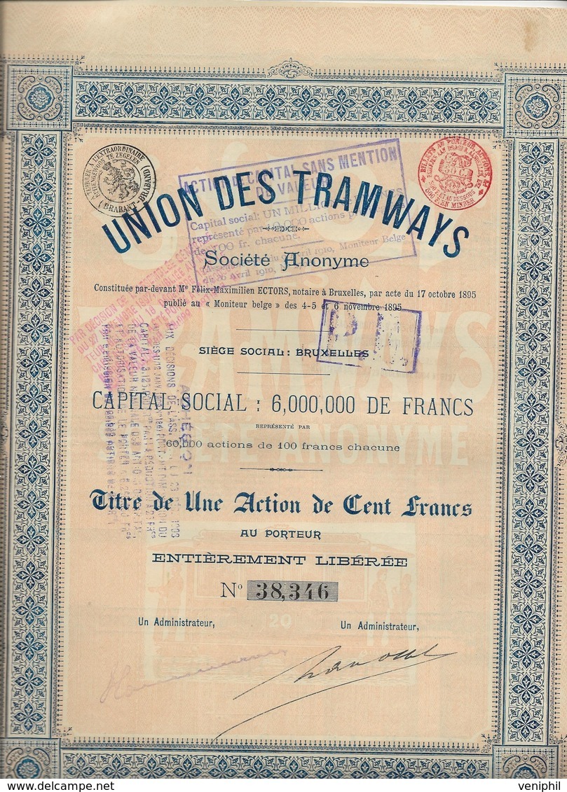 UNION DES TRAMWAYS - BRUXELLES - TITRE DE UNE ACTION DE CENT FRANCS -1895 - Ferrocarril & Tranvías