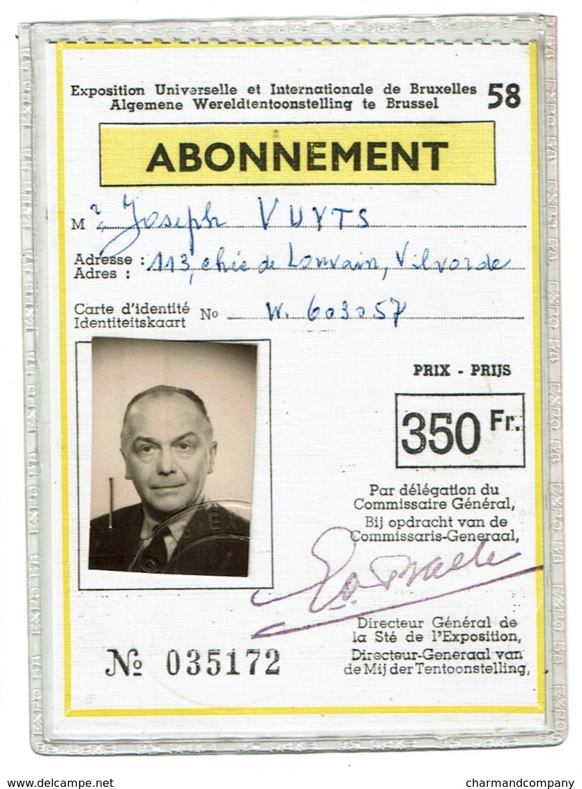 Abonnement Expo 58 - Exposition Universelle Et Internationale De Bruxelles 1958 - Joseph VUYTS - 2 Scans - Tickets D'entrée