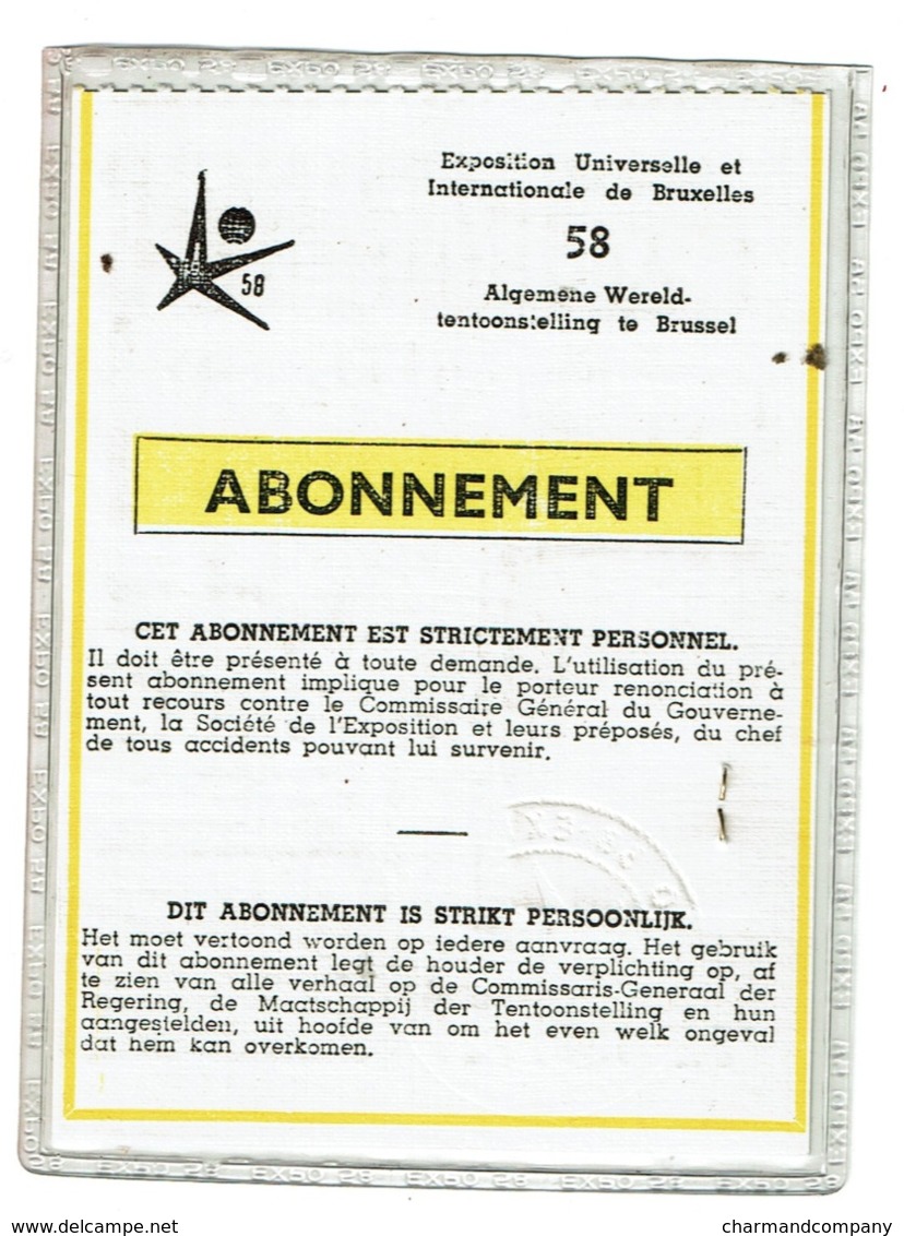 Abonnement Expo 58 - Exposition Universelle Et Internationale De Bruxelles 1958 - Joseph VUYTS - 2 Scans - Eintrittskarten