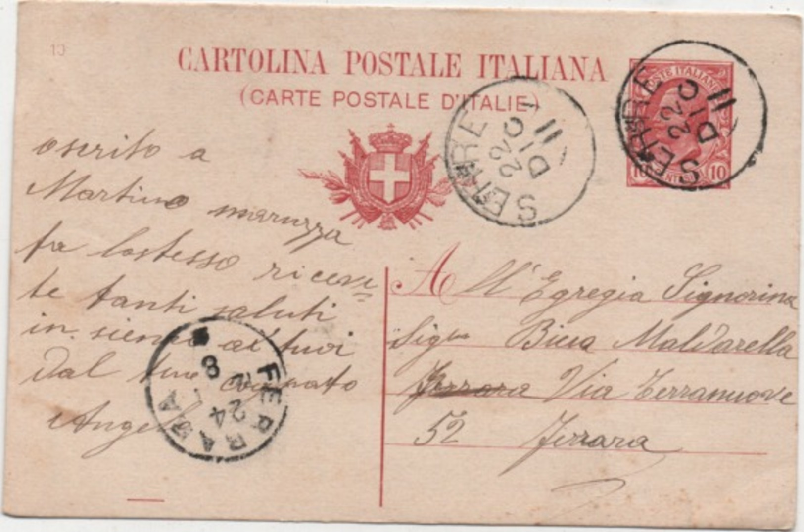 Cartolina Postale Leoni Cent. 10 Viaggiata Con Annullo Serre (Salerno) 22.12.1911 - Interi Postali